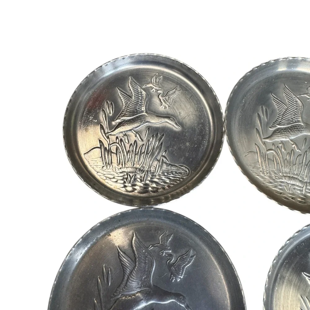 Vintage Pewter Coasters‎ Set of 7 Birds Geese Duck Crane Swan Embossed Drinkware
